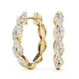 Yellow gold Pave Round Diamond Twisted Hoop Earrings with Shared Prong Setting