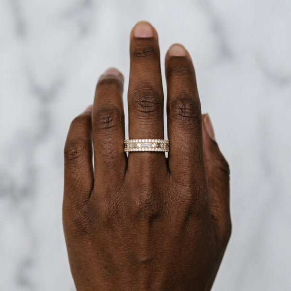 Yellow gold Pave Round and Baguette Diamond Eternity Band with Channel and Prong Setting
