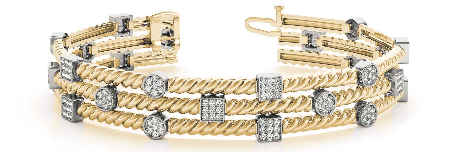 Yellow gold Pave Set Round and Square Diamond Twisted Cable Bracelet