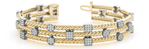 Yellow gold Pave Set Round and Square Diamond Twisted Cable Bracelet
