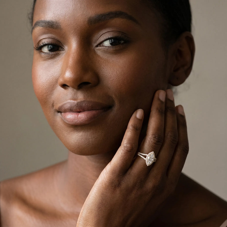 Yellow gold Pave Split Shank Halo Marquise Cut Prong Set Ring