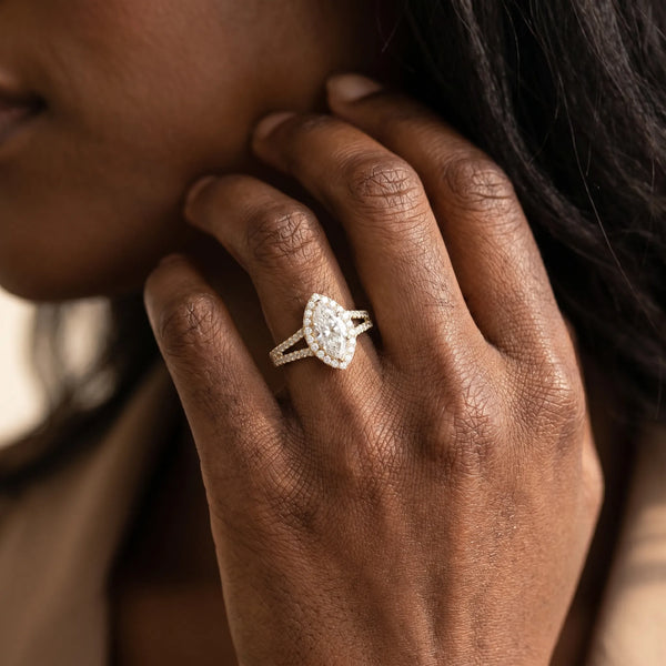 Yellow gold Pave Split Shank Halo Marquise Cut Prong Set Ring