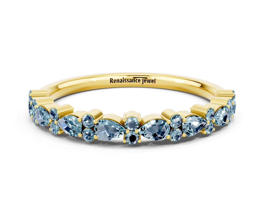 Yellow gold Pear & Round Aquamarine Wedding Band_6