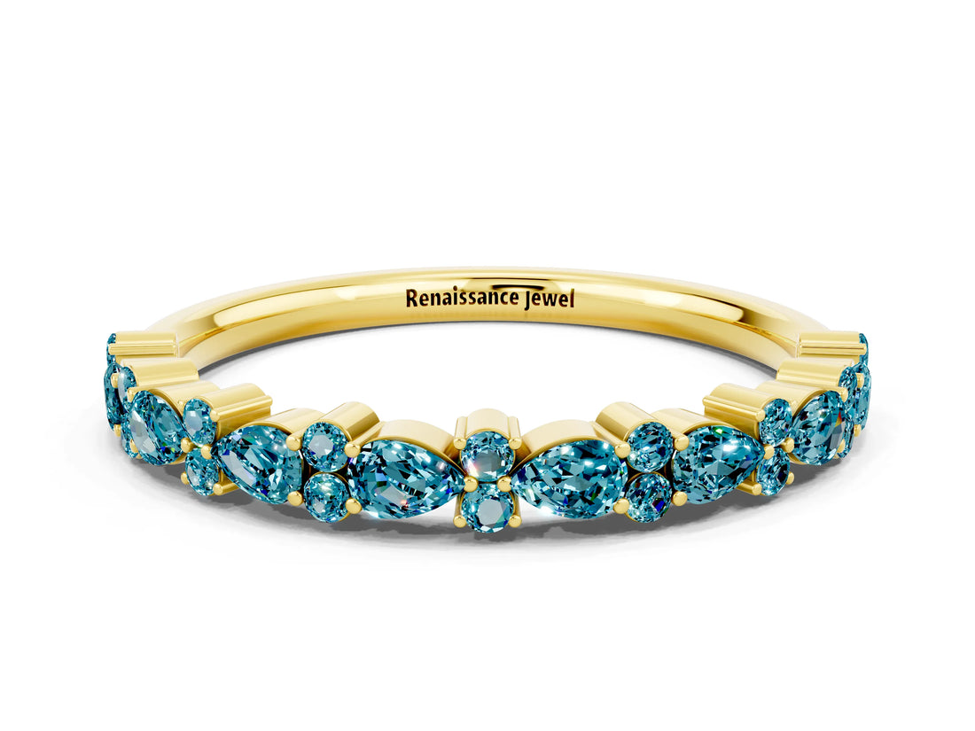 Yellow gold Pear & Round Blue Topaz Wedding Band_6