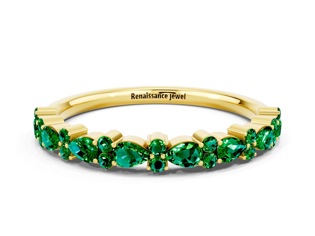 Yellow gold Pear & Round Emerald Wedding Band_6