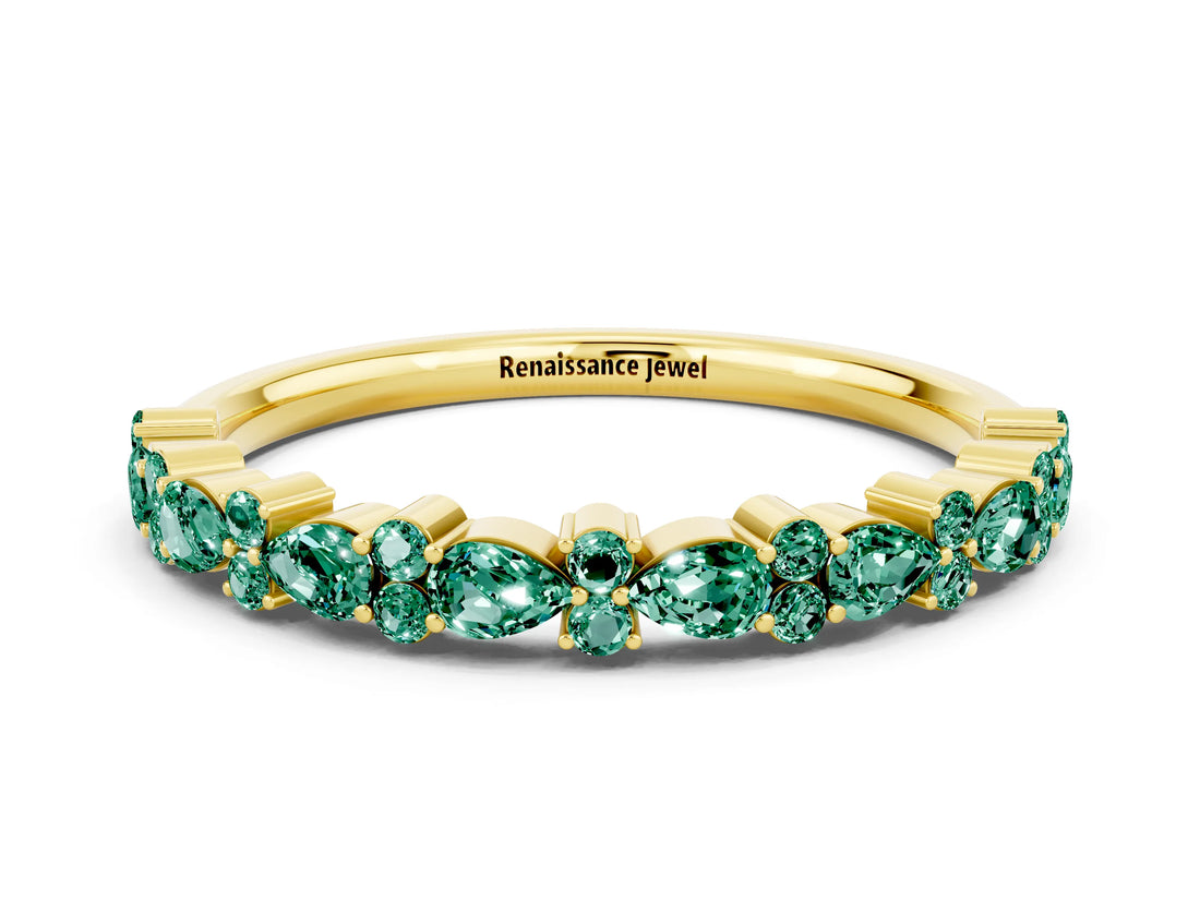 Yellow gold Pear & Round Green Sapphire Wedding Band_6