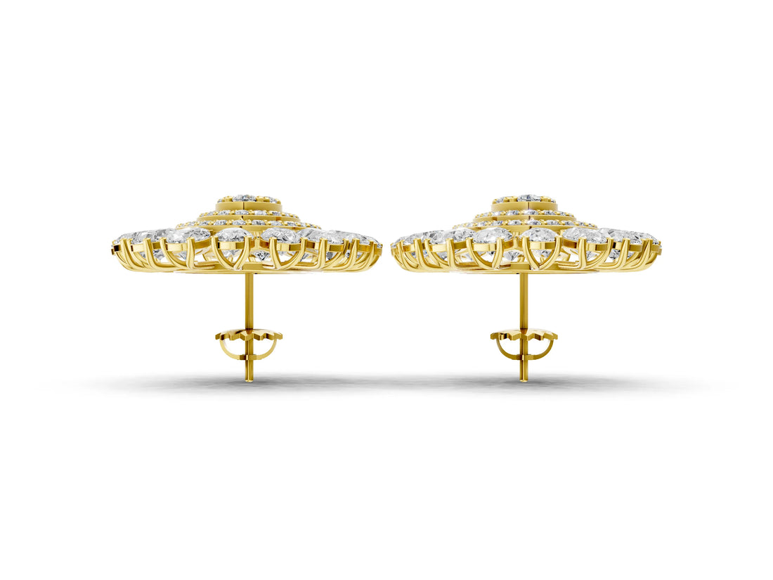 Yellow gold Pear Blue Sapphire Halo Stud Earrings with Round Diamond Cluster Center