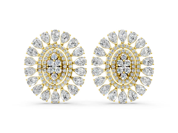 Yellow gold Pear Blue Sapphire Halo Stud Earrings with Round Diamond Cluster Center