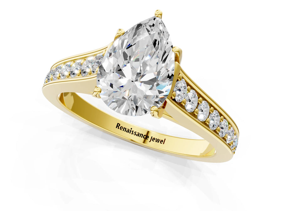 Yellow gold Pear Brilliant Cut Diamond Engagement Ring with Pavé Band and Four-Prong Setting