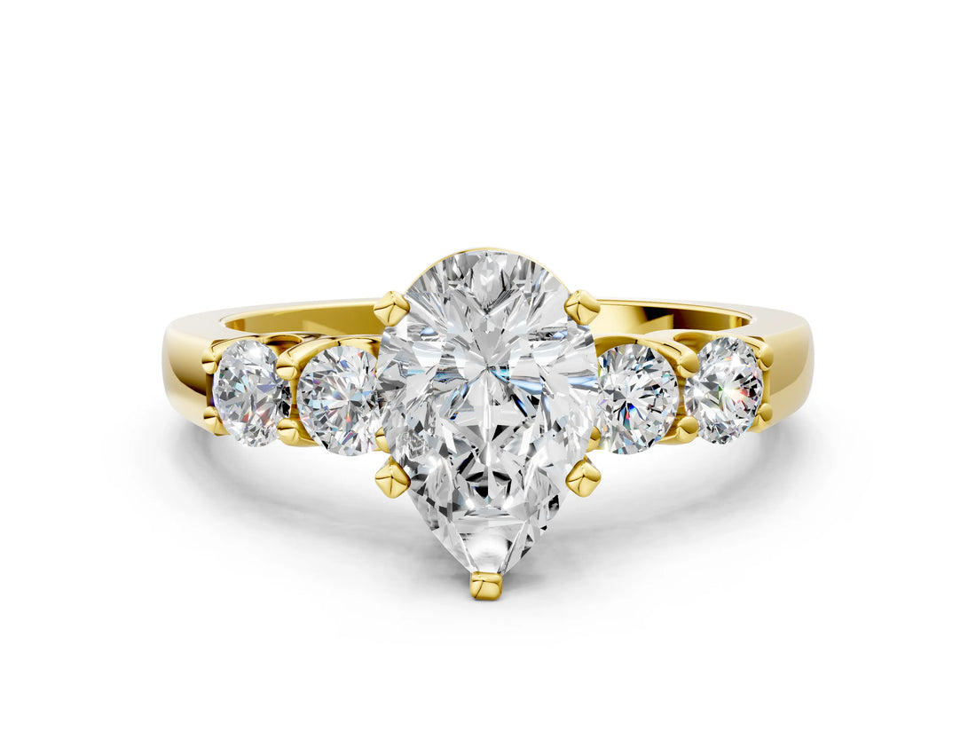 Yellow gold Pear Brilliant Diamond Five-Stone Engagement Ring with Prong Setting on a Classic Band_16