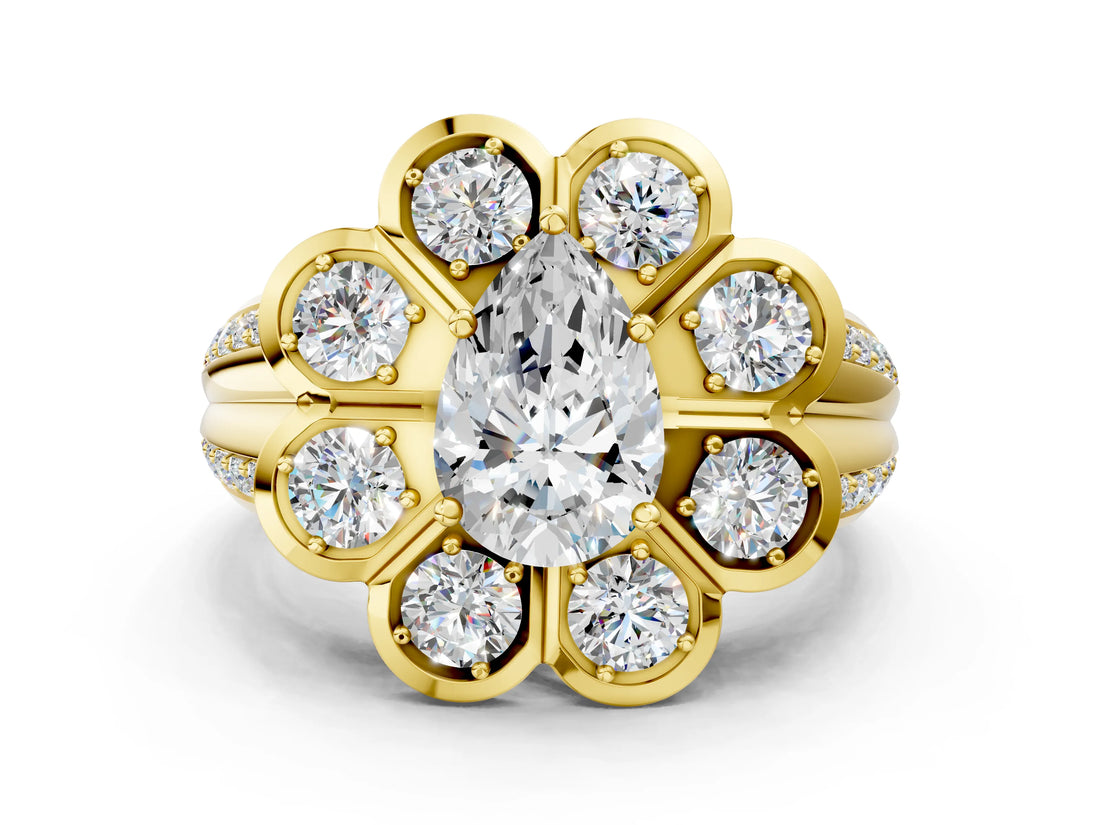 Yellow gold Pear Brilliant Flower Halo Diamond Split Shank Ring_27