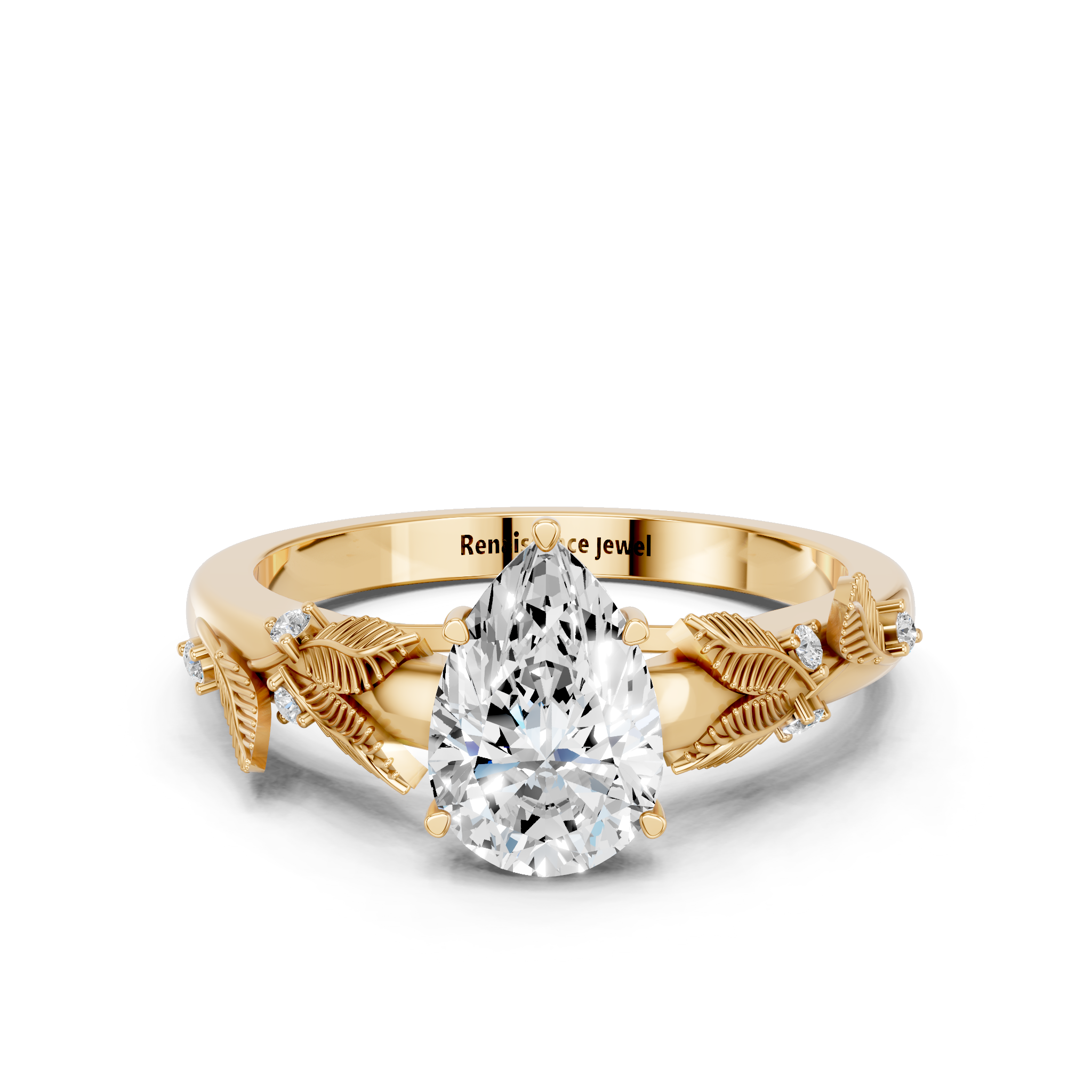 Yellow gold Pear Brilliant Solitaire with Leaf Motif Band and Four-Prong Setting_14
