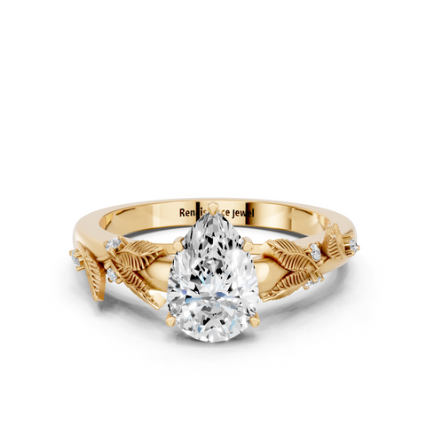 Yellow gold Pear Brilliant Solitaire with Leaf Motif Band and Four-Prong Setting_14