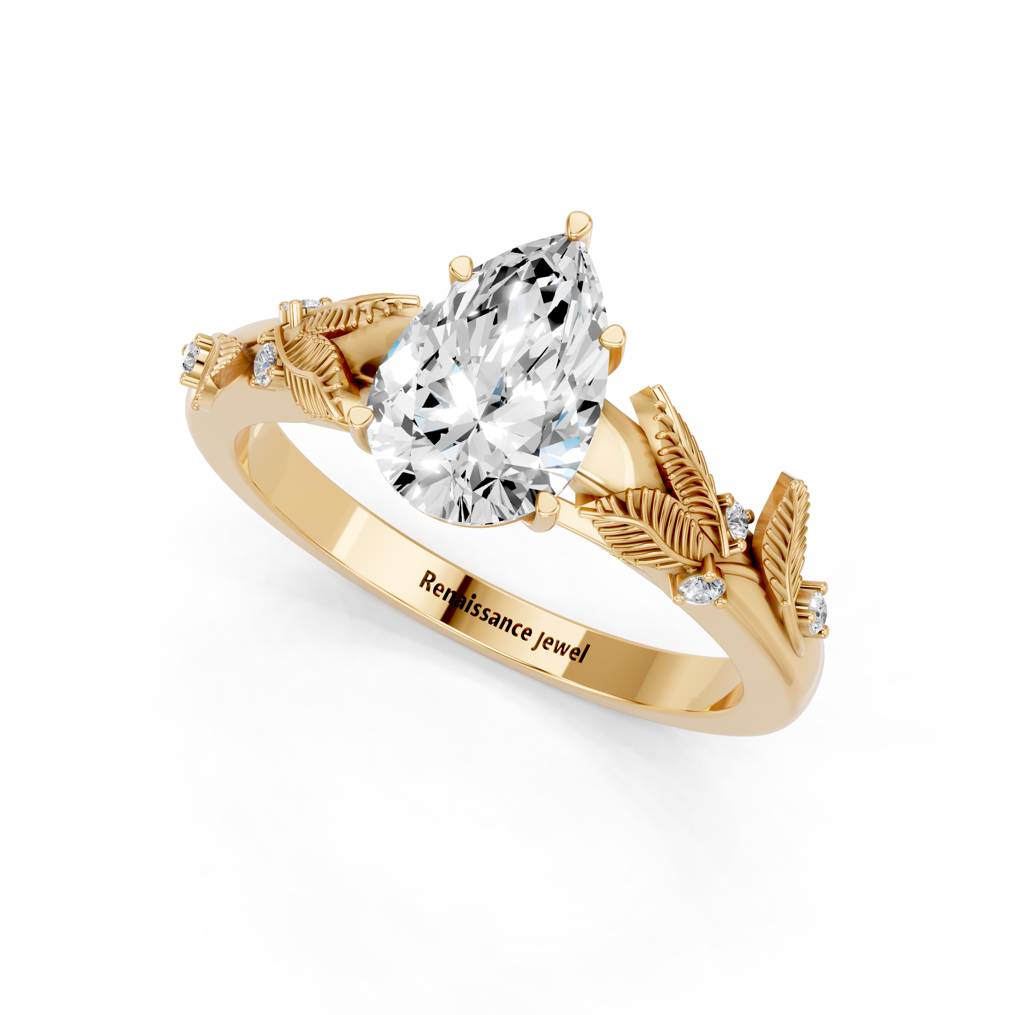 Yellow gold Pear Brilliant Solitaire with Leaf Motif Band and Four-Prong Setting_6