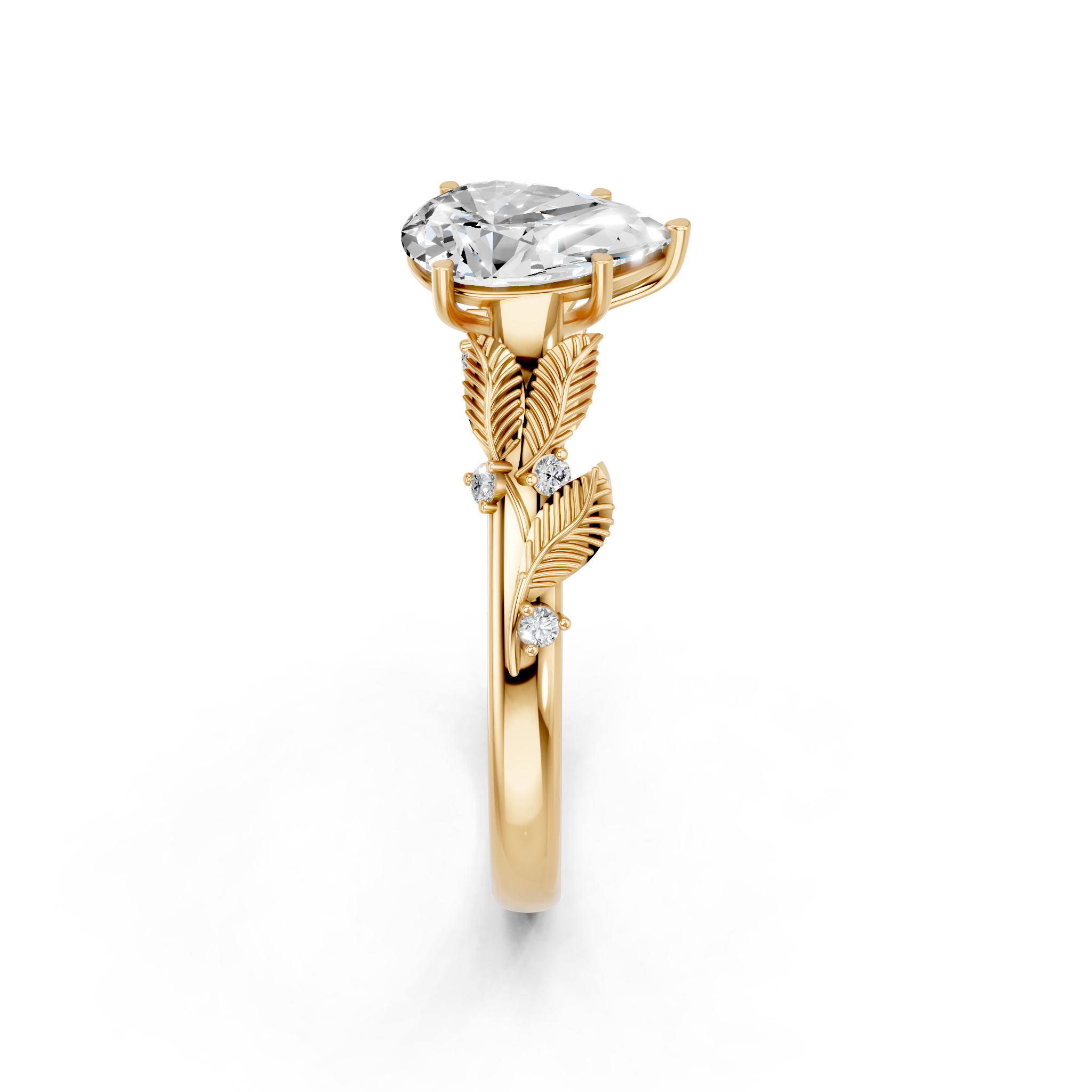 Yellow gold Pear Brilliant Solitaire with Leaf Motif Band and Four-Prong Setting_7