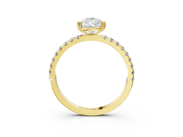 Yellow gold Pear Brilliant Solitaire with Pavé Band and Claw Prong Setting
