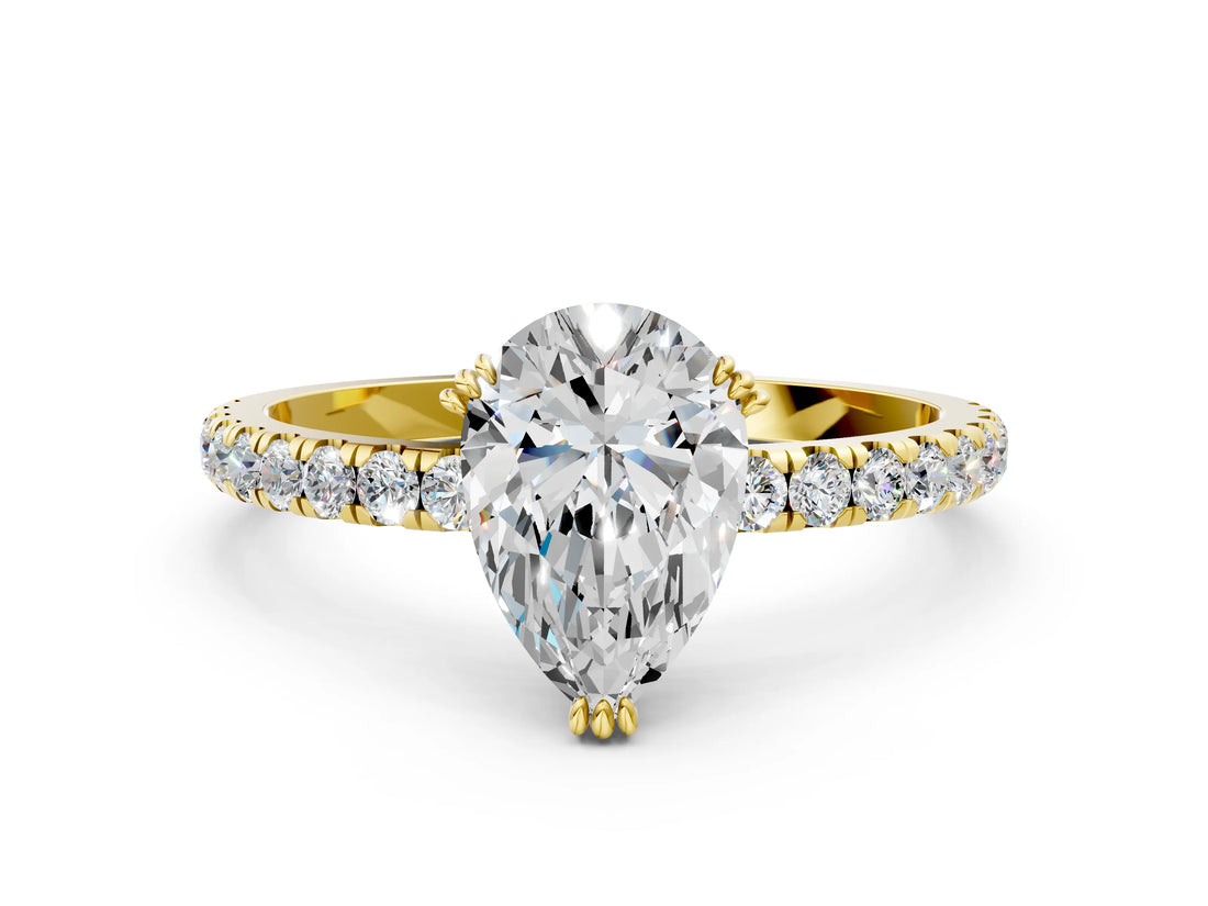 Yellow gold Pear Brilliant Solitaire with Pavé Band and Claw Prong Setting_7