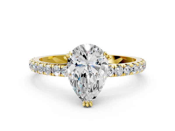 Yellow gold Pear Brilliant Solitaire with Pavé Band and Claw Prong Setting