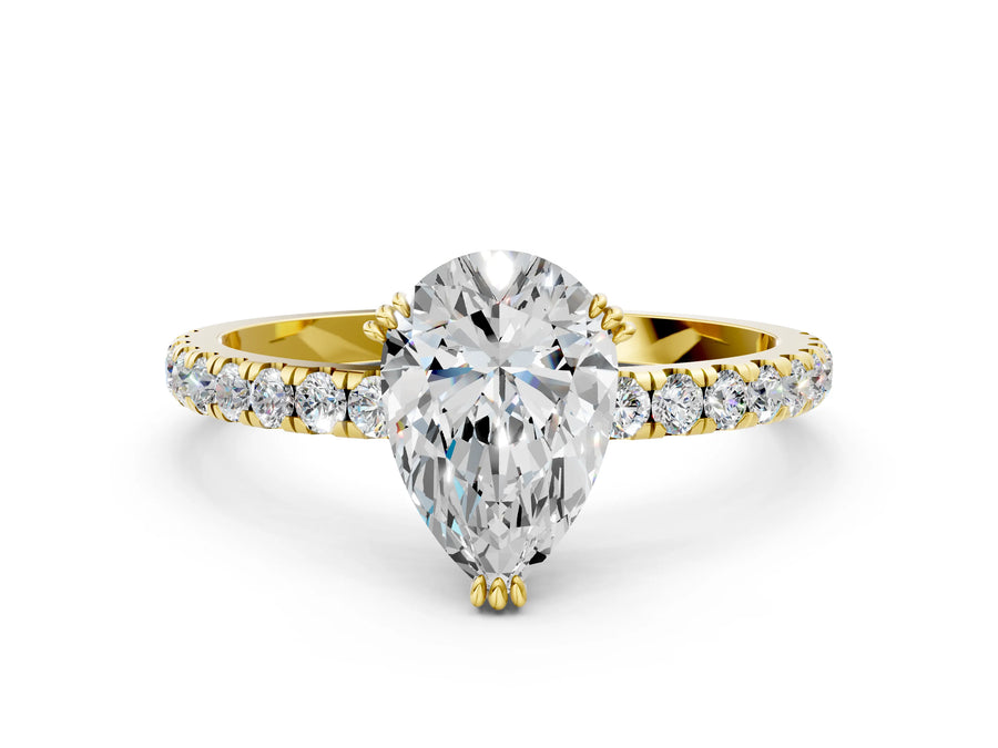 Yellow gold Pear Brilliant Solitaire with Pavé Band and Claw Prong Setting