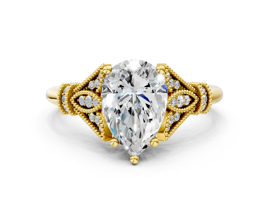 Yellow gold Pear Brilliant Solitaire with Pave Band and Four-Prong Setting_20