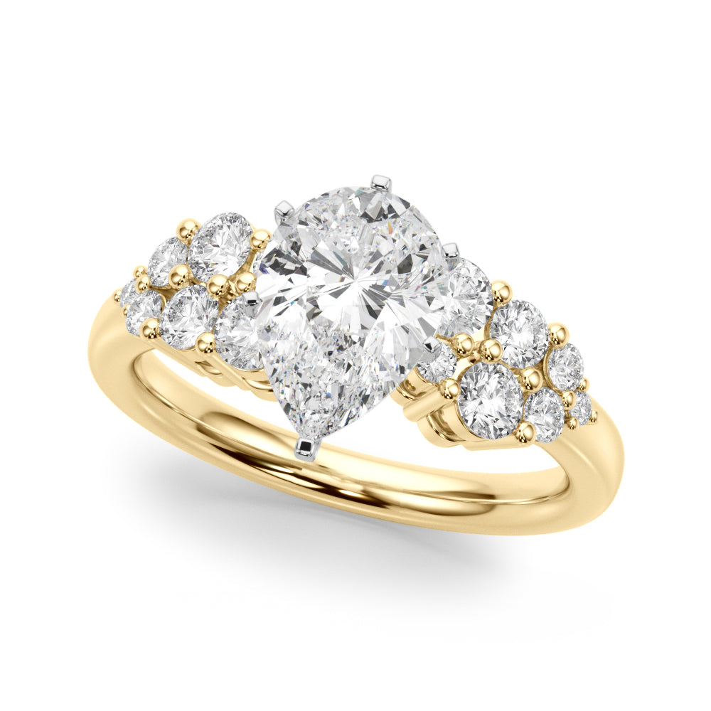 Yellow gold Pear Cluster Diamond Engagement Ring with Pavé Band and Four-Prong Setting