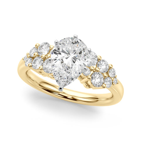 Yellow gold Pear Cluster Diamond Engagement Ring with Pavé Band and Four-Prong Setting
