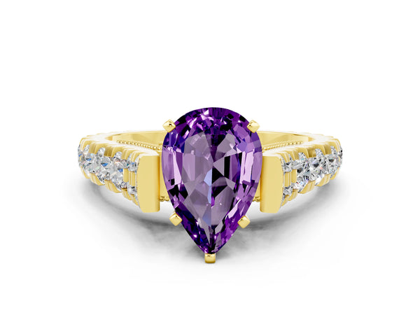 Yellow gold Pear Cut Amethyst Classic Solitaire Ring with Pavé Band and Four-Prong Setting