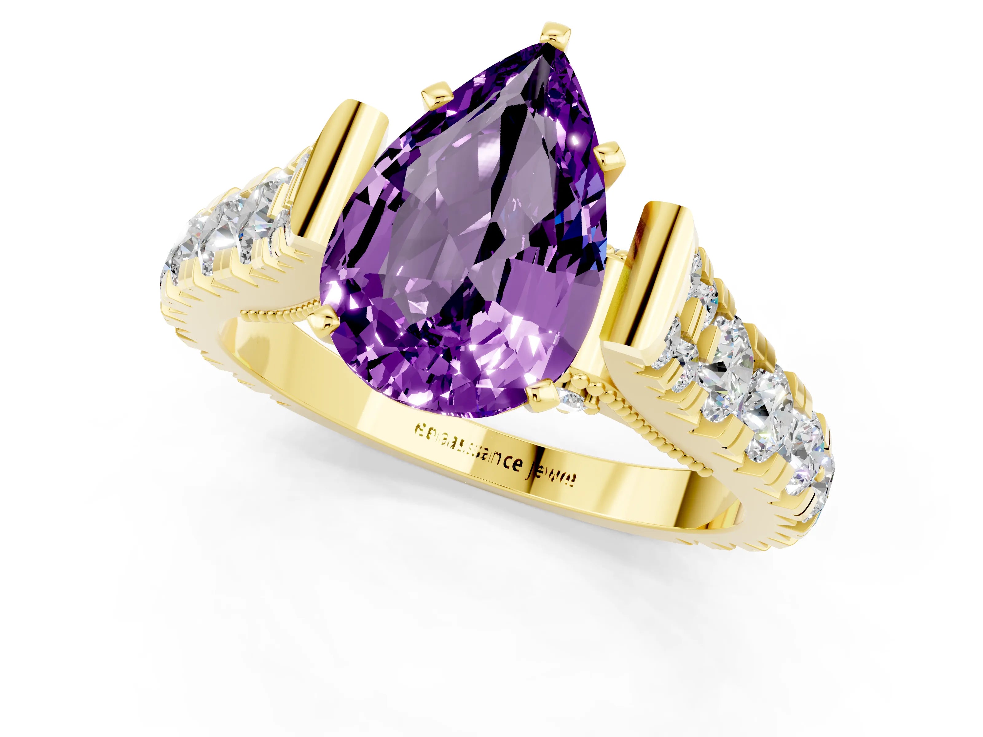 Yellow gold Pear Cut Amethyst Classic Solitaire Ring with Pavé Band and Four-Prong Setting_1
