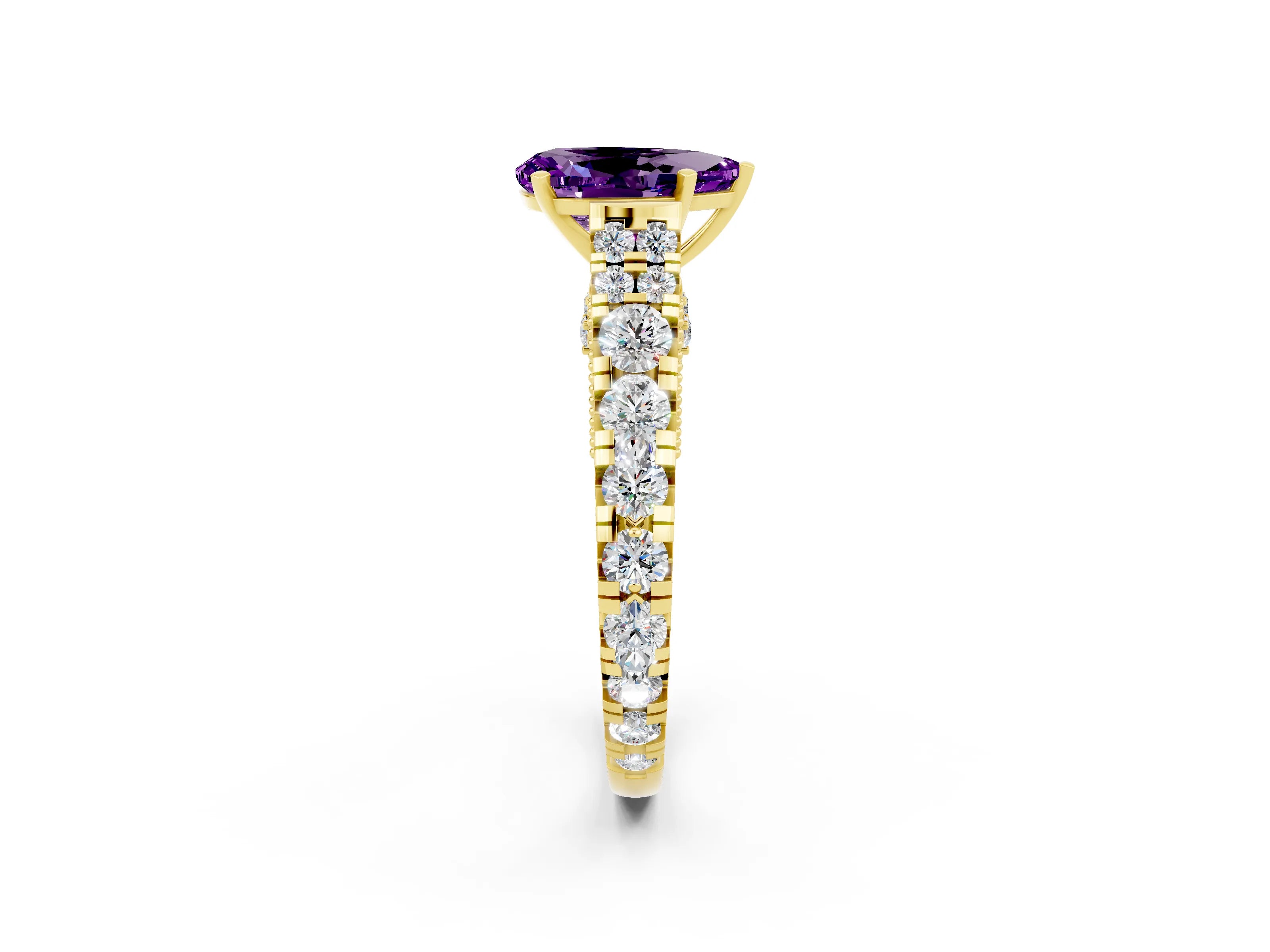 Yellow gold Pear Cut Amethyst Classic Solitaire Ring with Pavé Band and Four-Prong Setting_2