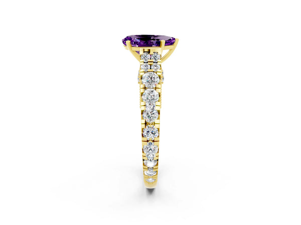Yellow gold Pear Cut Amethyst Classic Solitaire Ring with Pavé Band and Four-Prong Setting