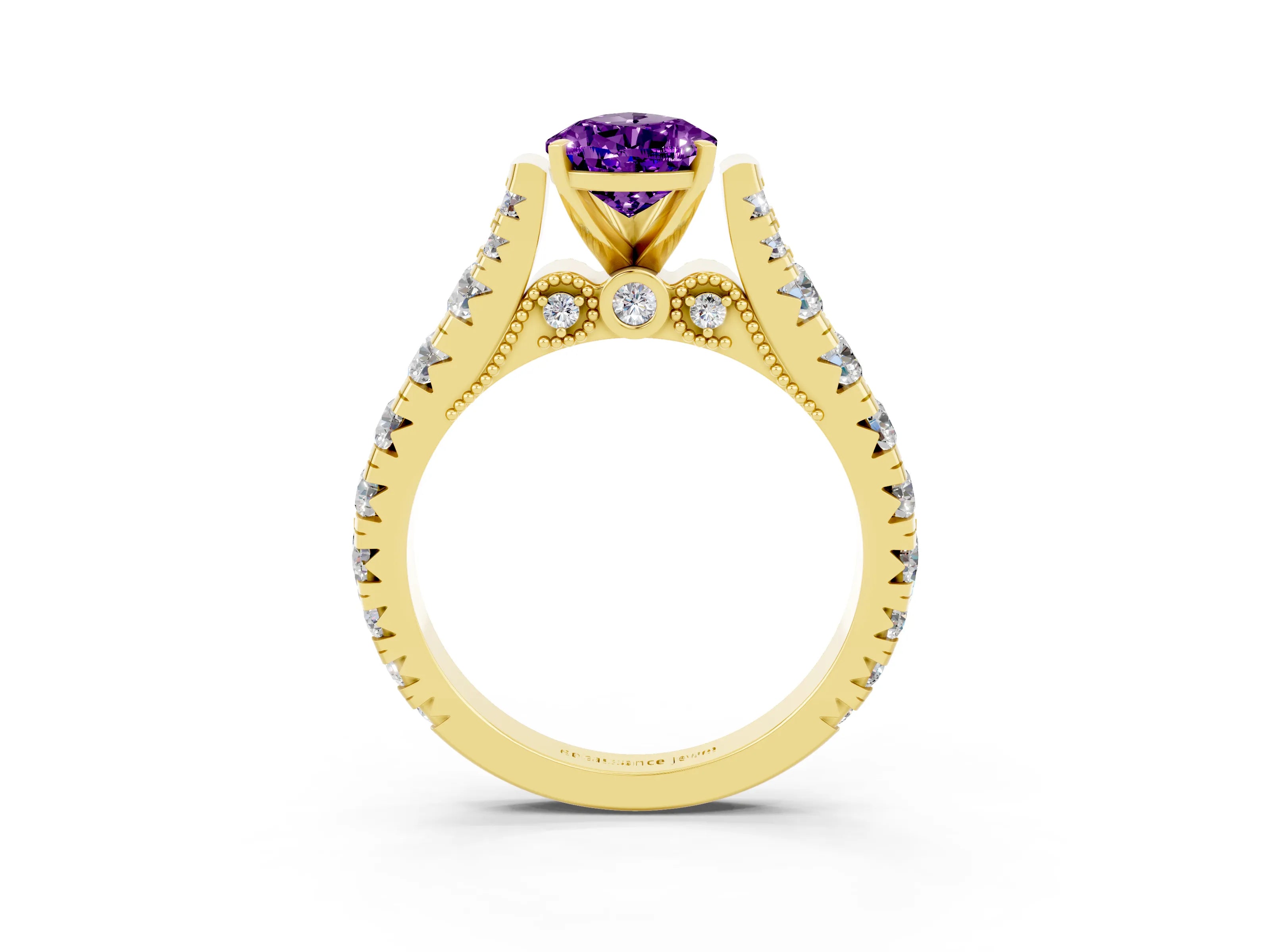 Yellow gold Pear Cut Amethyst Classic Solitaire Ring with Pavé Band and Four-Prong Setting_3