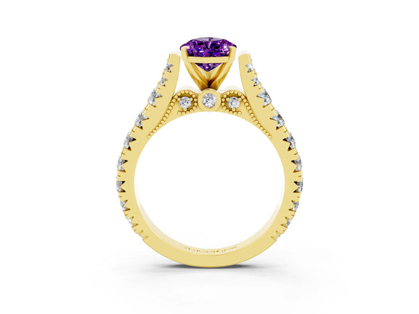 Yellow gold Pear Cut Amethyst Classic Solitaire Ring with Pavé Band and Four-Prong Setting