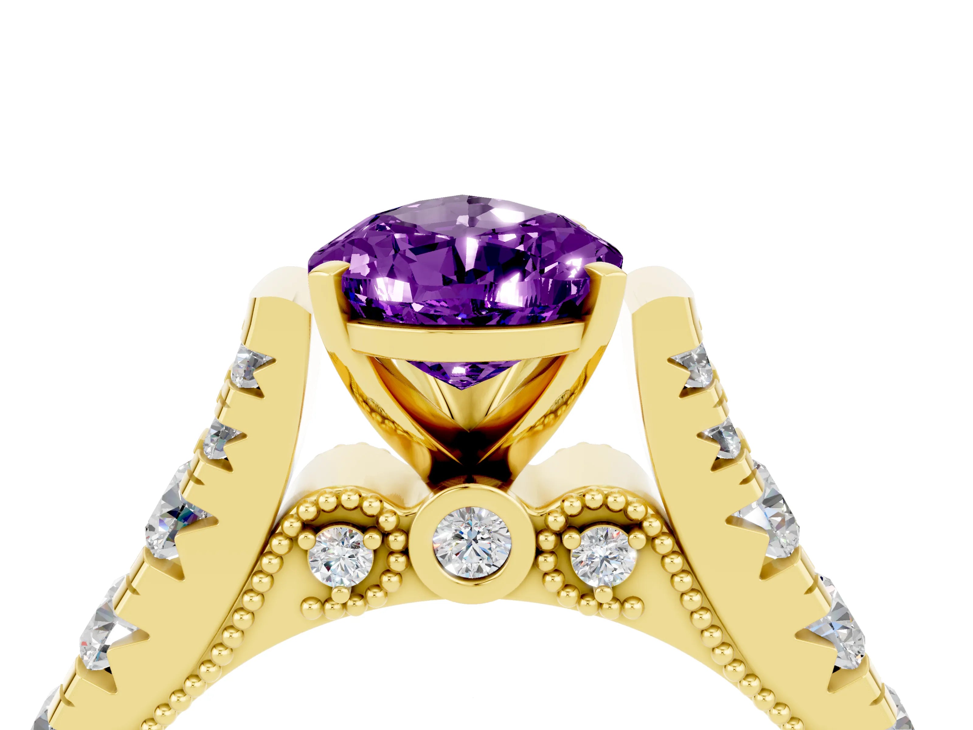 Yellow gold Pear Cut Amethyst Classic Solitaire Ring with Pavé Band and Four-Prong Setting_4