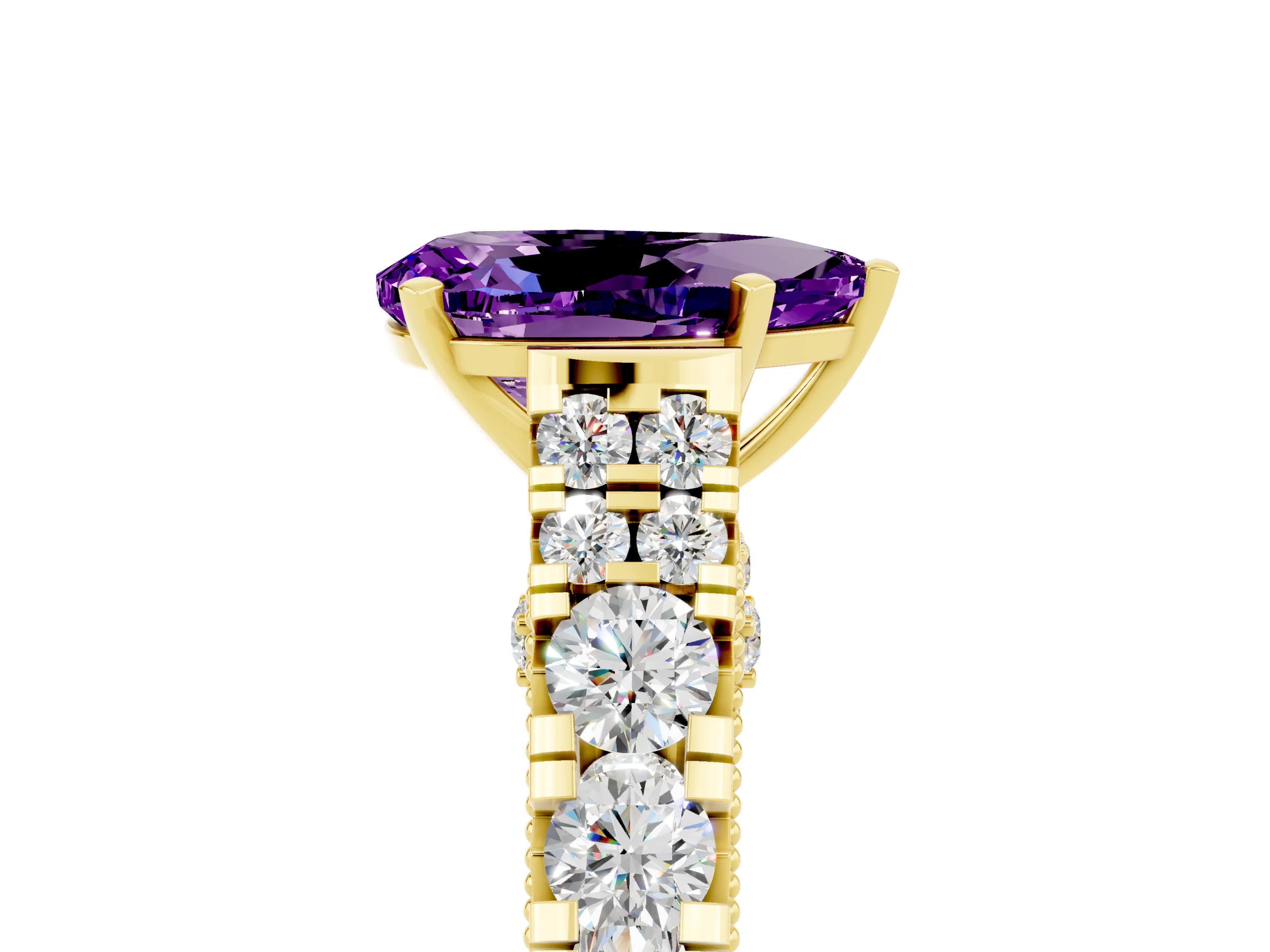 Yellow gold Pear Cut Amethyst Classic Solitaire Ring with Pavé Band and Four-Prong Setting_5