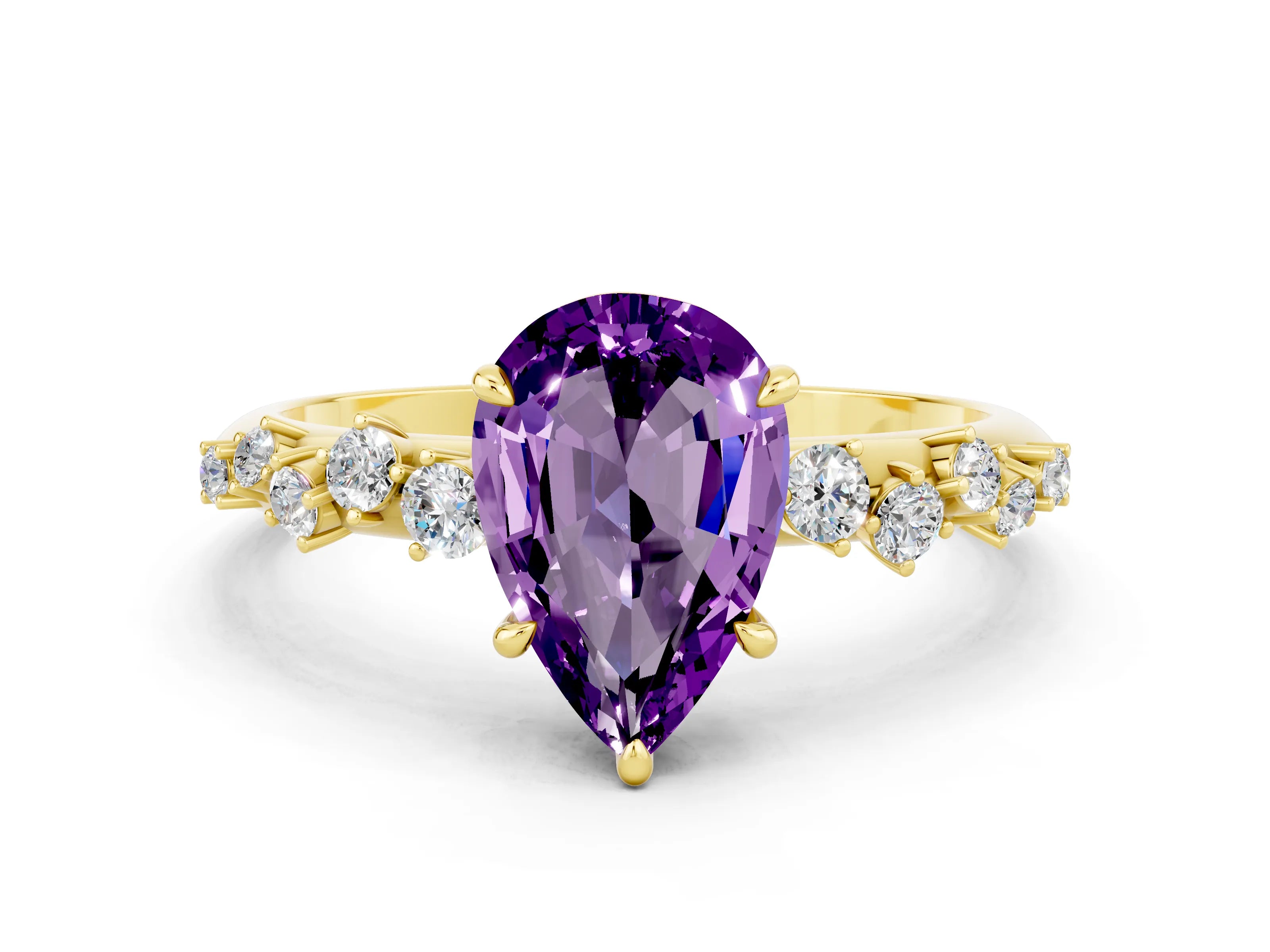Yellow gold Pear Cut Amethyst Cluster Side Stone Solitaire Ring with Prong Setting_24