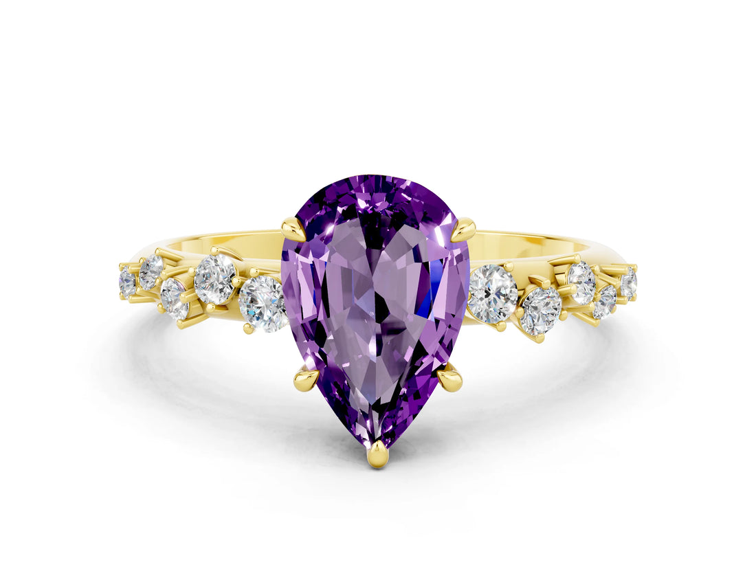Yellow gold Pear Cut Amethyst Cluster Side Stone Solitaire Ring with Prong Setting_24
