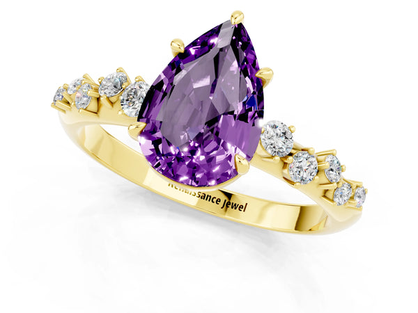 Yellow gold Pear Cut Amethyst Cluster Side Stone Solitaire Ring with Prong Setting