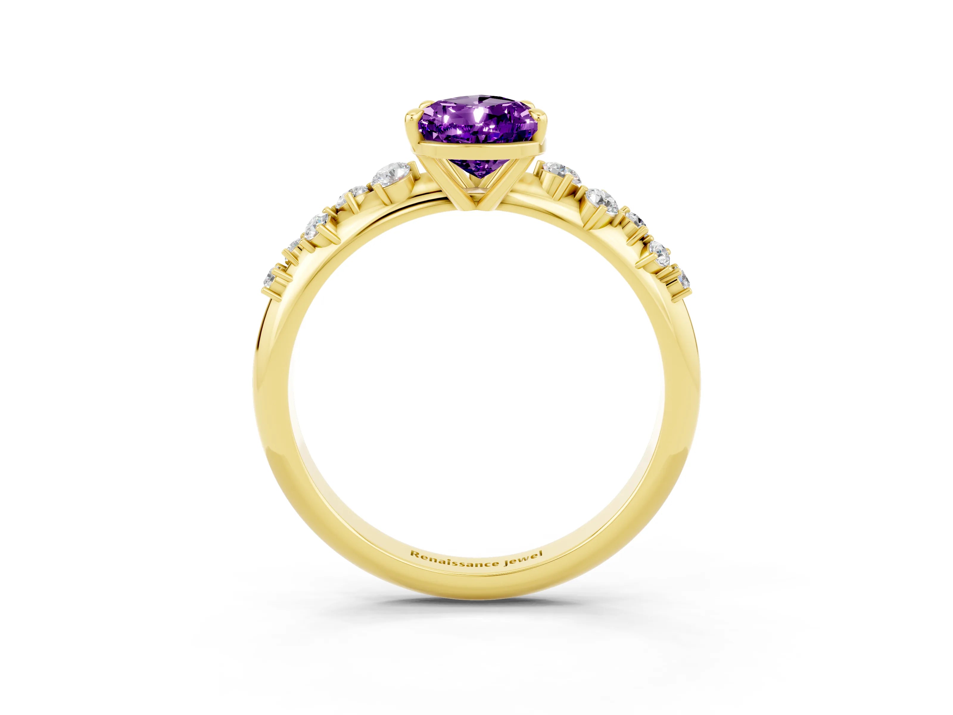 Yellow gold Pear Cut Amethyst Cluster Side Stone Solitaire Ring with Prong Setting_27