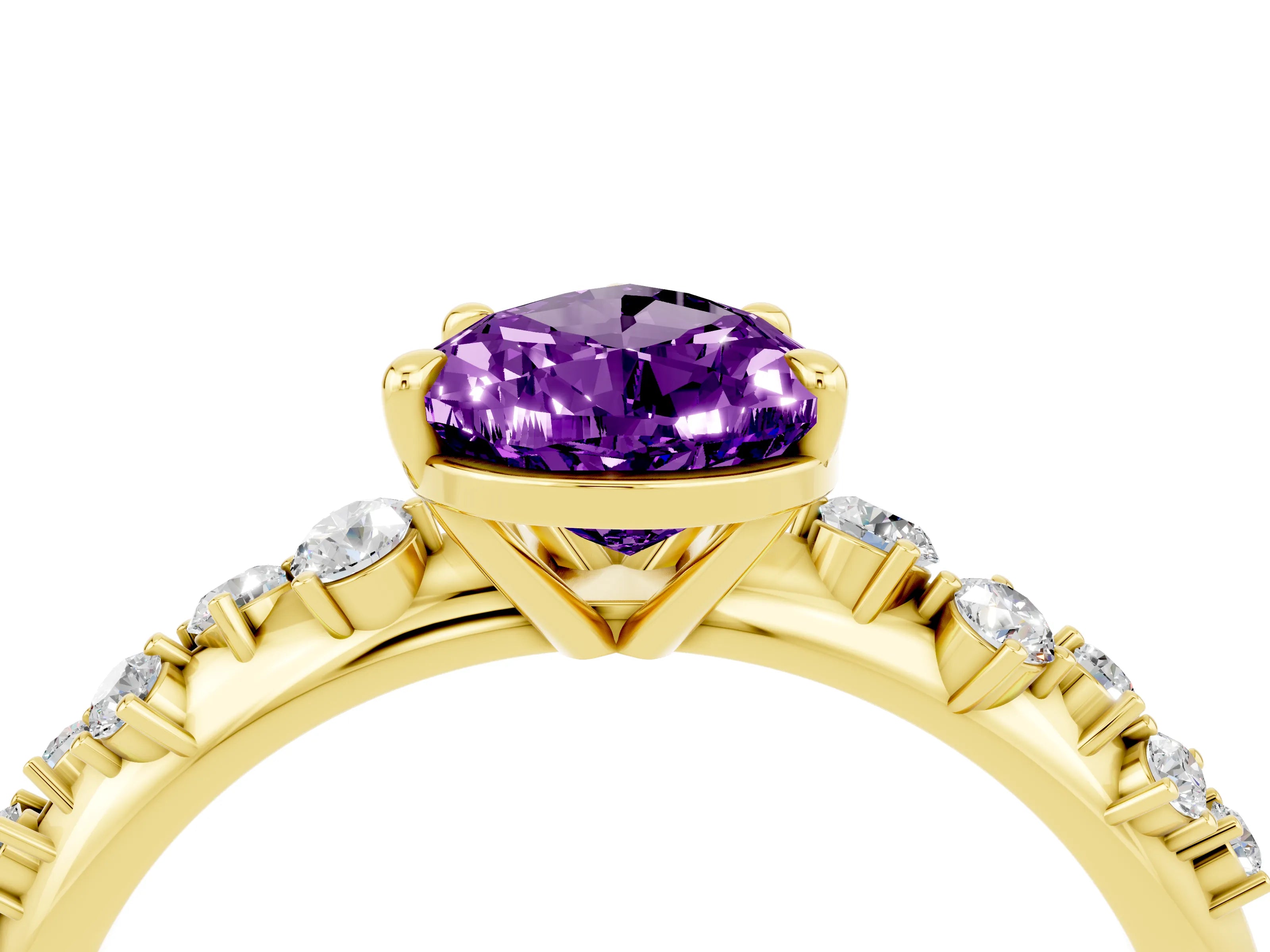 Yellow gold Pear Cut Amethyst Cluster Side Stone Solitaire Ring with Prong Setting_28