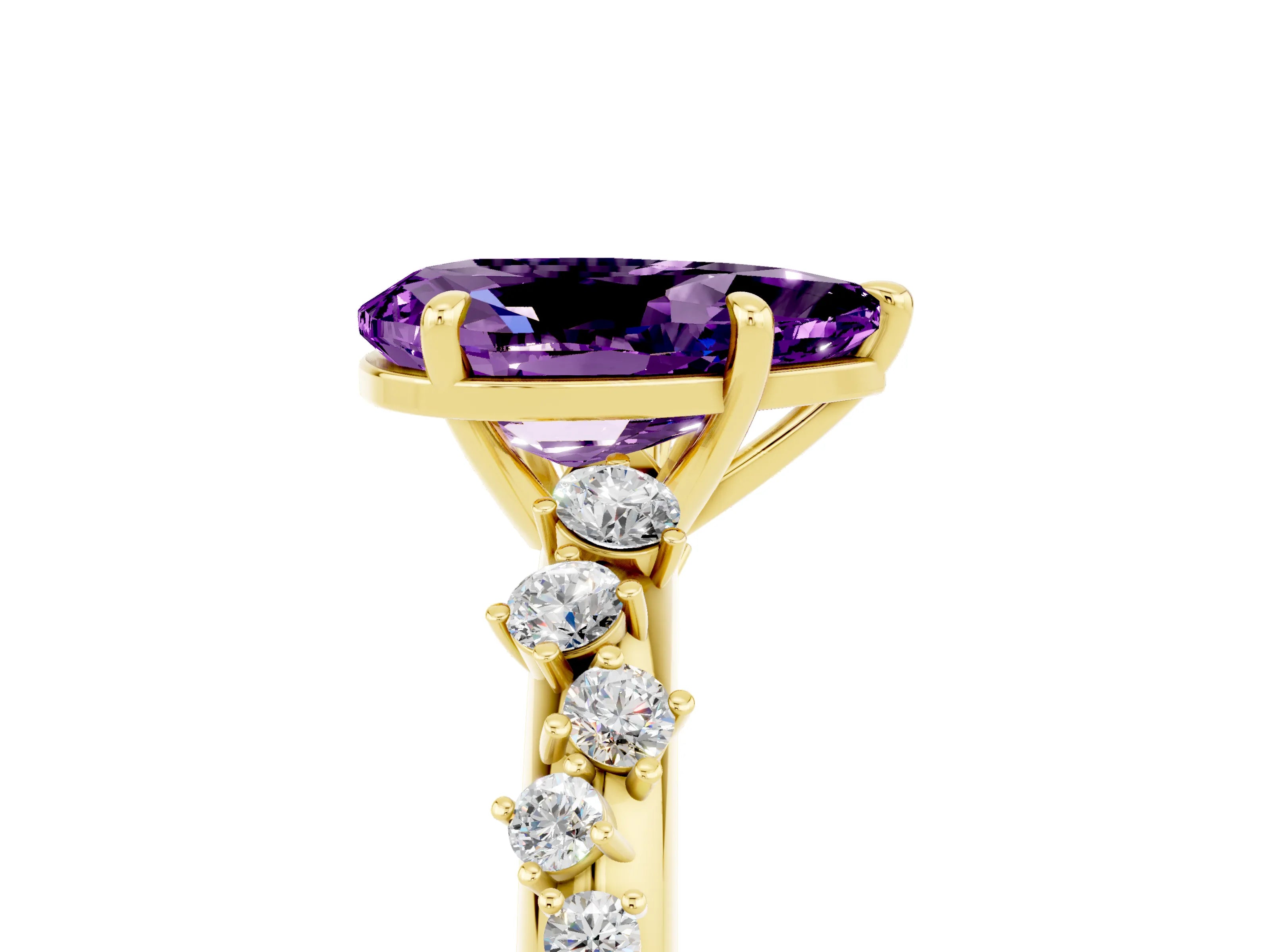 Yellow gold Pear Cut Amethyst Cluster Side Stone Solitaire Ring with Prong Setting_29