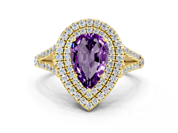 Yellow gold Pear Cut Amethyst Double Halo Ring with Pavé Band and Prong Setting