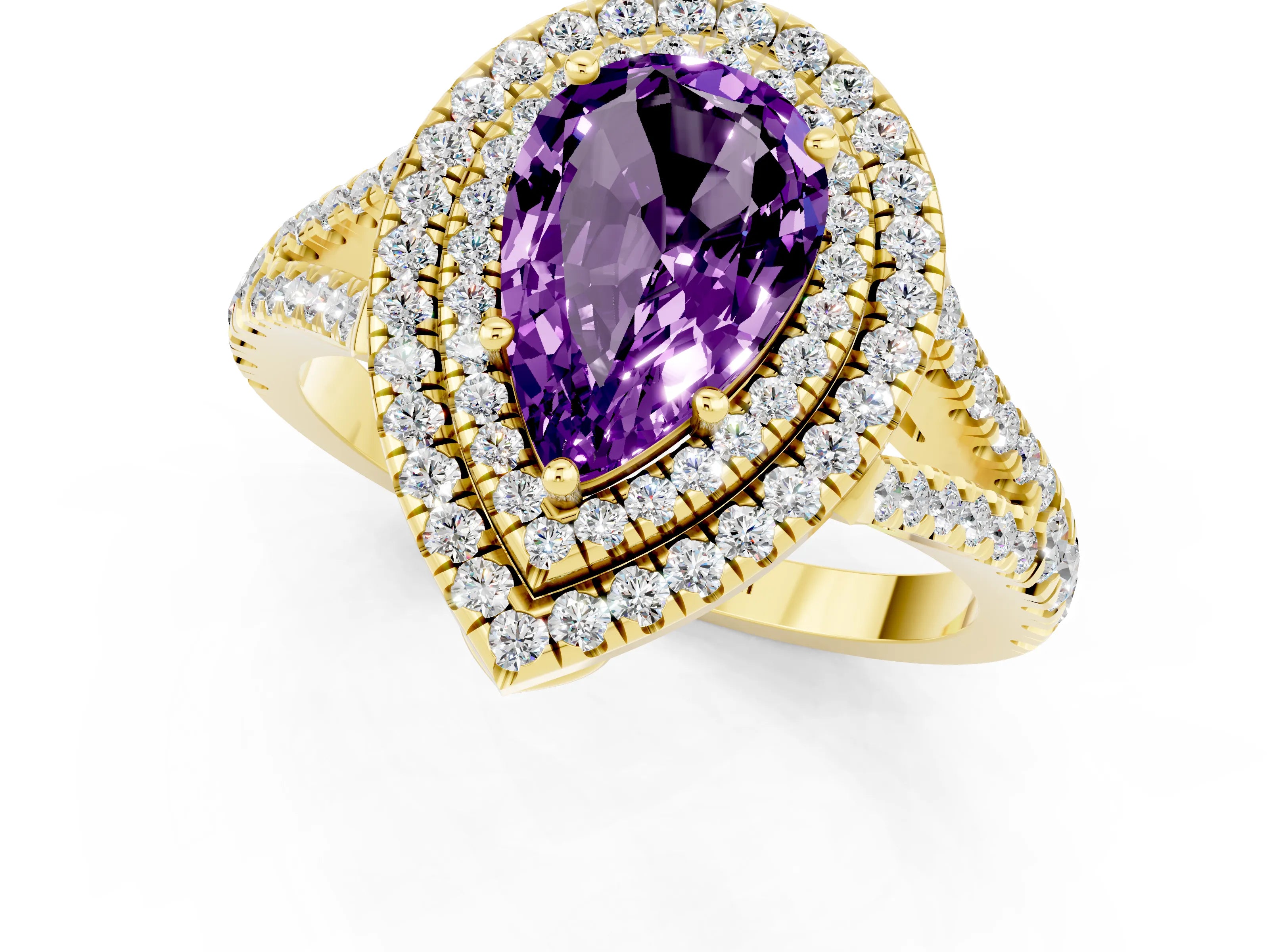Yellow gold Pear Cut Amethyst Double Halo Ring with Pavé Band and Prong Setting_13