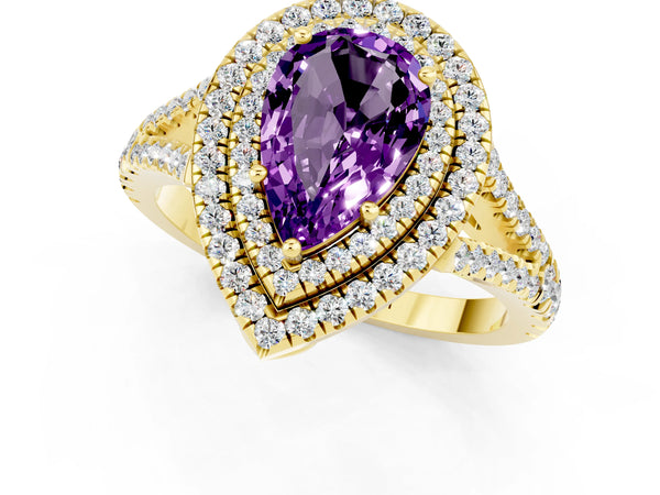 Yellow gold Pear Cut Amethyst Double Halo Ring with Pavé Band and Prong Setting