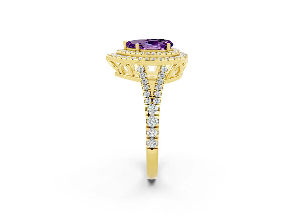 Yellow gold Pear Cut Amethyst Double Halo Ring with Pavé Band and Prong Setting