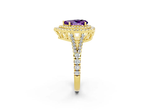 Yellow gold Pear Cut Amethyst Double Halo Ring with Pavé Band and Prong Setting_14