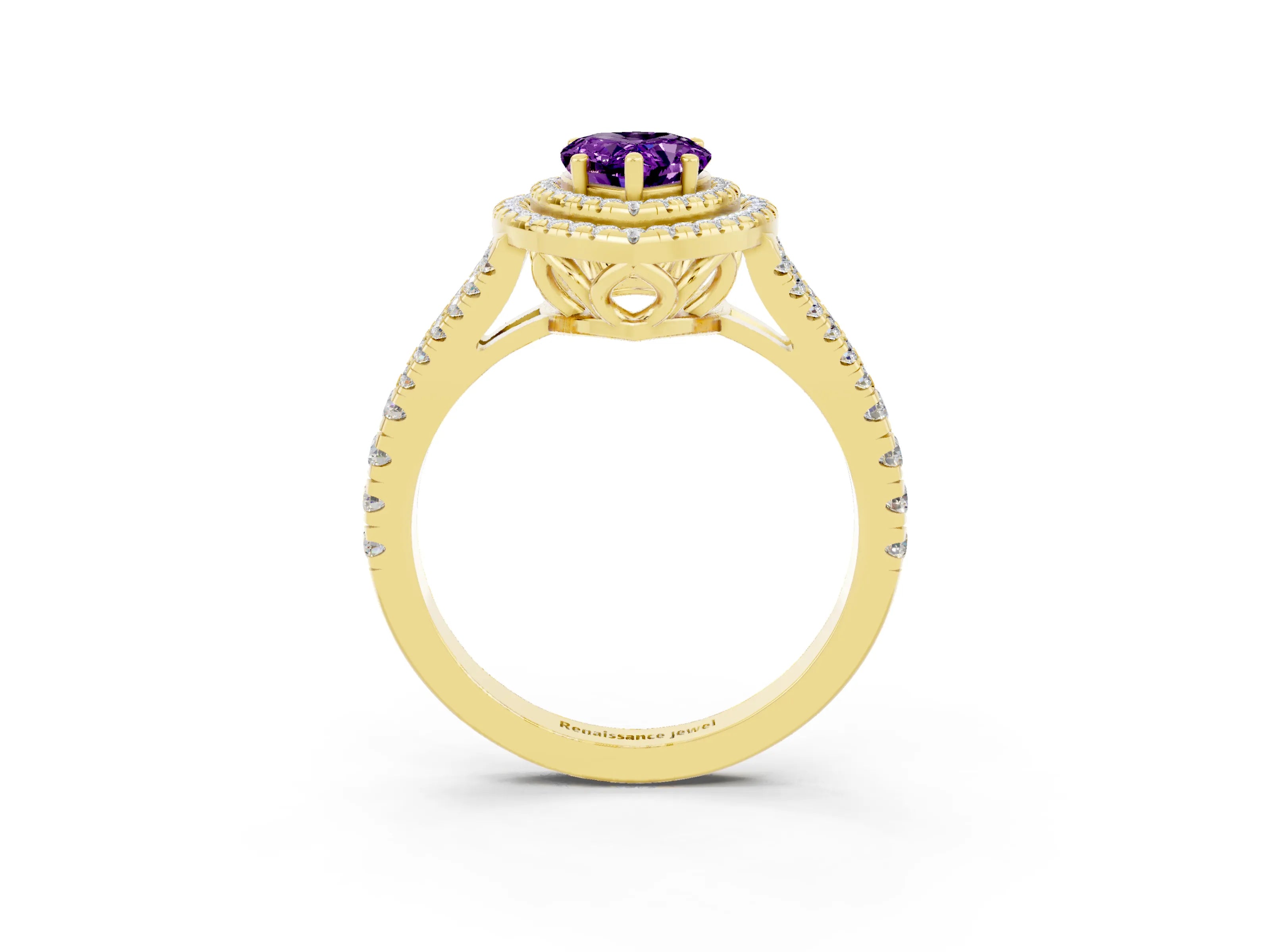 Yellow gold Pear Cut Amethyst Double Halo Ring with Pavé Band and Prong Setting_15