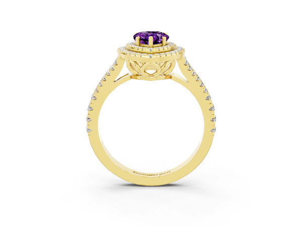 Yellow gold Pear Cut Amethyst Double Halo Ring with Pavé Band and Prong Setting