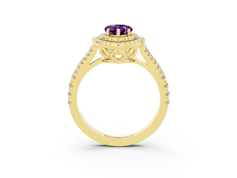 Yellow gold Pear Cut Amethyst Double Halo Ring with Pavé Band and Prong Setting_15