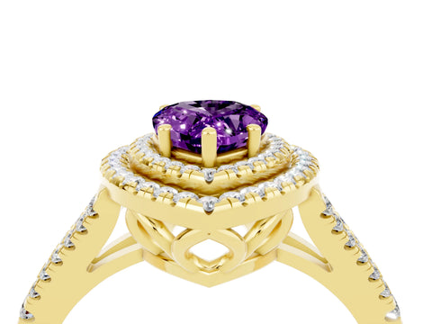 Yellow gold Pear Cut Amethyst Double Halo Ring with Pavé Band and Prong Setting_16
