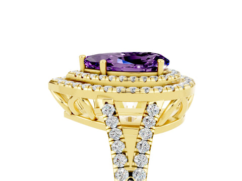 Yellow gold Pear Cut Amethyst Double Halo Ring with Pavé Band and Prong Setting_17